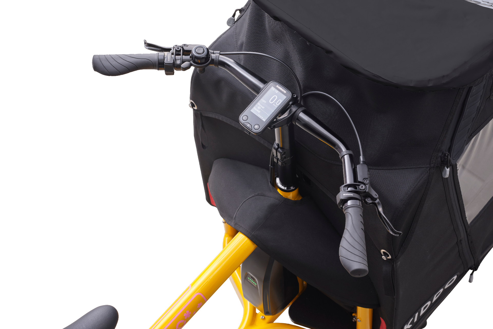 Kiddo-kabin sedd från cockpit – Shimano-display och styre